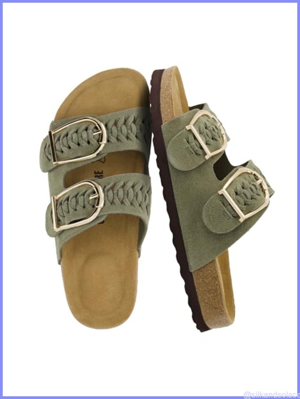 Braided Suede Slide Sandals with Cork Footbed & Buckle